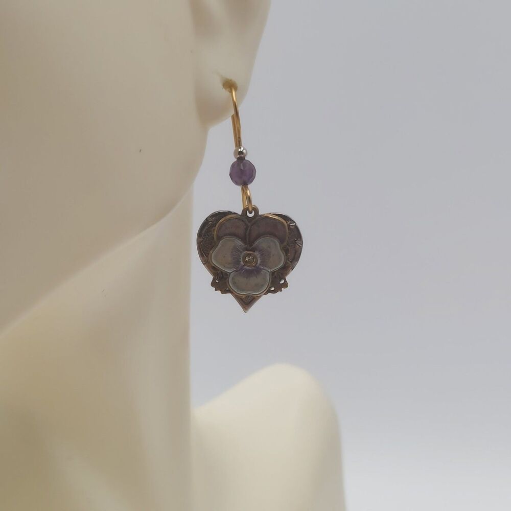 Floral Heart Pansy Dangle Earrings 1 1/2"